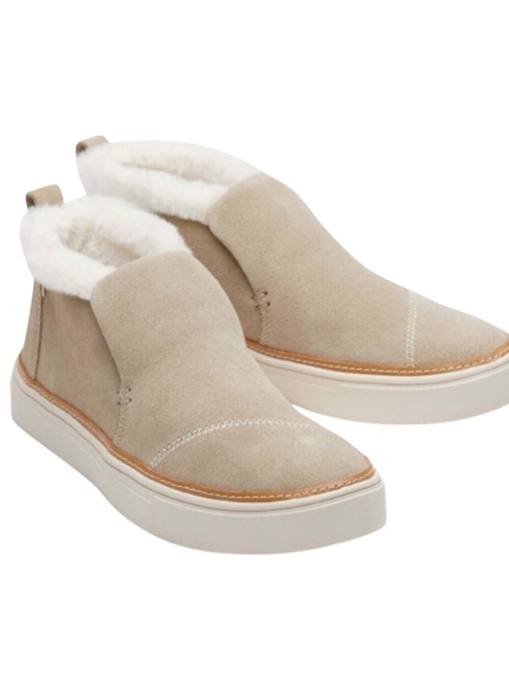 TOMS Paxton Cobblestone Tan Suede Slip-On Sneakers Faux Fur Lined Womens 7.5